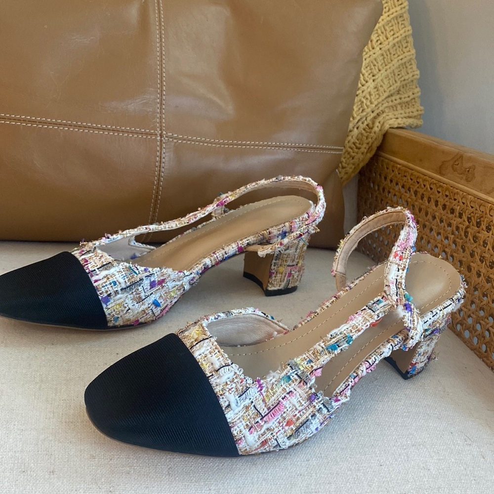 tweed sling back heel